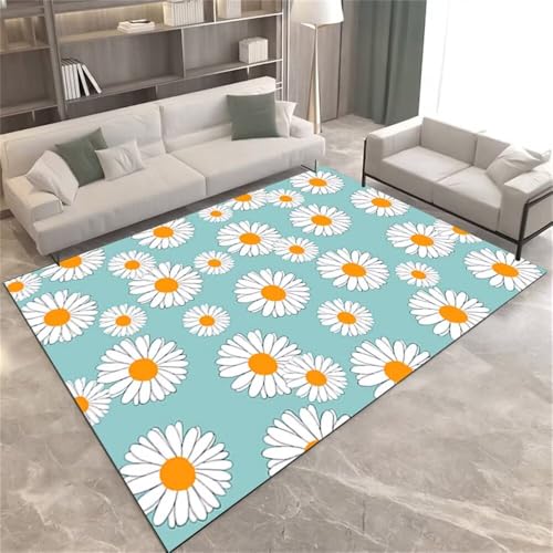 DJHWWD Teppich Flur Lang Designer Teppiche Weißer mit frischen Blumen 140x200CM blau Kinderteppiche komfortable Schalldämmung Kinderteppich Waschbar von DJHWWD