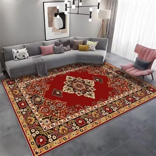 DJHWWD Teppich Für Wohnzimmer Feuchtigkeitsbeständig Schlafzimmers Balkon Dekoration Vintage Blumen 120x160CM rot Pflegeleicht von DJHWWD