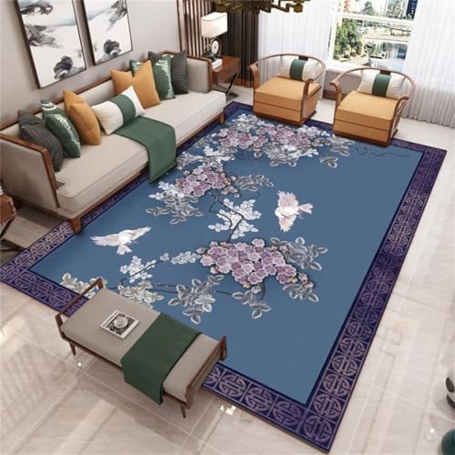 DJHWWD Teppich Jungen bodenschutzmatte Teppich Klassischer dekorativer Schlafzimmerteppich mit Blumen- und Vogelmuster 70x140CM Blau Kinderteppich Waschbar Teppich Jungen von DJHWWD