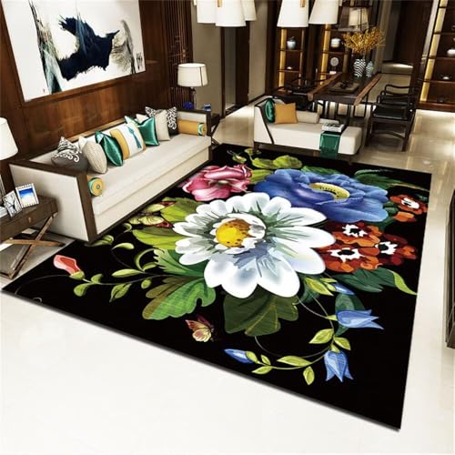 DJHWWD Teppich Kinderzimme Bettvorleger Schlafzimmer antirutsch Grüner Blauer Blumenteppich 90x120CM Tschwarz Kinderteppich Klein für die küche von DJHWWD