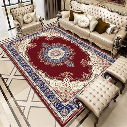 DJHWWD Teppich Schlafzimmer günstig Blauer Vintage-Blumenteppich 70x140CM rot weich ohne zu verblassen elegant Bettvorleger Tatami Matte von DJHWWD