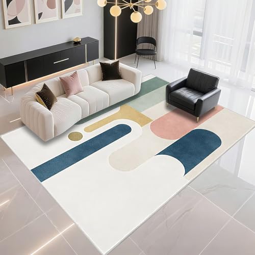 DJHWWD Teppiche Schlafzimmer Strapazierfähig 140x200cm, Creme Blau Moderne Geometrie für Kinderzimmer und Esszimmer von DJHWWD