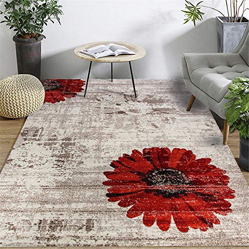 DJHWWD Teppiche Schmutzabweisend pflegeleicht Zimmers Teppichen Rutschfester Teppich des roten flockigen großen Blumenmusterdesigns für Wohnzimmer Nicht verblassen Teppiches rot 60X90CM von DJHWWD