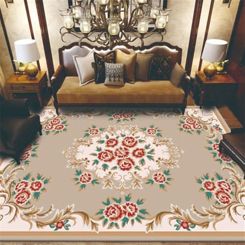 DJHWWD Teppichläufer Schlafzimmer Spielmatte 200x200CM Teppich Wohnzimmer groß Khaki Roter und Blauer Blumenteppich Waschbar In Waschmaschine küchenläufer rutschfest von DJHWWD