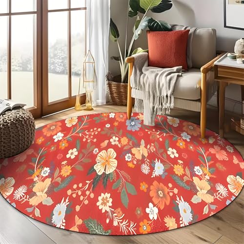 DJHWWD Und Outdoor Teppich Kuschel Rote Runde Blumenmuster Fußmatten Haustür für Eingangsbereich,Esszimmer,Küchen 80X80cm von DJHWWD