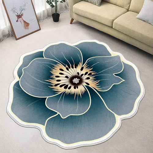 DJHWWD Waschbar In Waschmaschine Teppich Esstisch Groß Dunkelblau 180x180CM,Blumenmuster für Esszimmer,Küche,Eingangs von DJHWWD