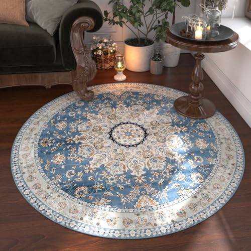 DJHWWD Waschbar Teppich Esstisch Antirutsch Weicher Blaue Runde für Couchtisch,Jugendzimmer Mädchen,Balkon 120X120cm von DJHWWD