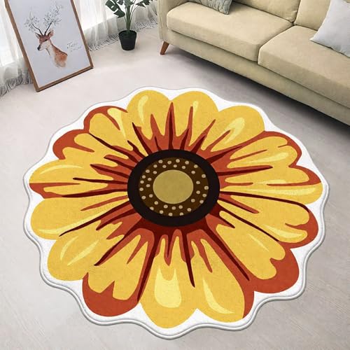 DJHWWD Waschbar Teppich Esstisch Gelb 120x120CM,Blumenmuster für Küche,Eingangsbereich,Innen von DJHWWD