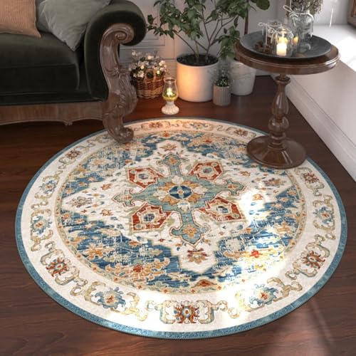 DJHWWD Waschbarer Teppich Jugendzimmer rutschfest Weicher Gross Blaue Retro für Schreibtisch,Tatami,Schreibtischstuhl 180X180cm von DJHWWD