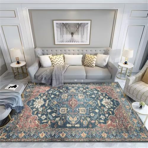 DJHWWD Wohnzimmer Teppichboden Antirutsch Teppich Für Kinderzimmer Mehrfarbiger Vintage-Blumenteppich 120x200CM blau Balkon outdoorteppich von DJHWWD