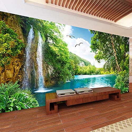 Benutzerdefinierte 3D-Wandbild Tapete Home Decor Green Mountain Wasserfall Naturlandschaft 3D-Fototapete für Wohnzimmer Schlafzimmer,220cm(W) x 160cm(H) von DJMJHG