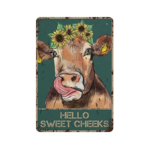 Hello Sweet Cheeks Kuh mit Blume Poster Metall Blechschild Retro Eisen Malerei Garten Garage Küche Schild für Männer Höhle Bar Cafe Shop Badezimmer Outdoor Street Home Wandkunst Dekor Geschenke von DJNGN