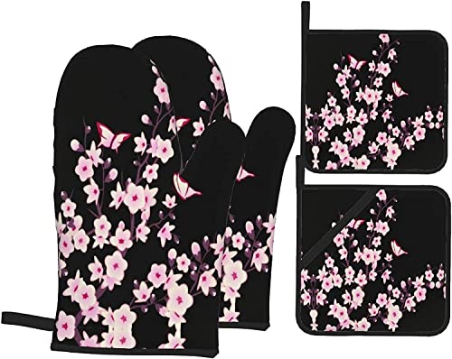 Ofenhandschuhe und Topflappen Sets mit 4 Blumen Kirschblüten Polyester Ofenhandschuhe mit Ofenhandschuhen und Hot Pads Topflappen für den Grill in der Küche von DJNGN