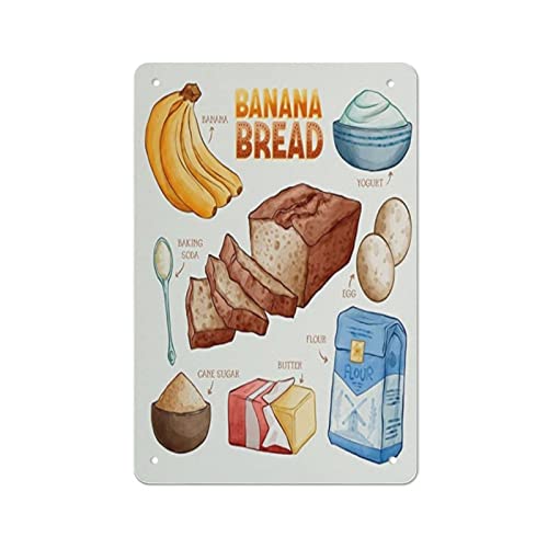 Retro-Blechschild, Bananenbrot, Rezept, Blechschild, Eisen, Malerei, Küche, Badezimmer, Garage, Bar, Café, Mann, Höhle, Wand, Heimdekoration, Blechposter, Schild für drinnen und draußen, 20,3 x 30,5 c von DJNGN