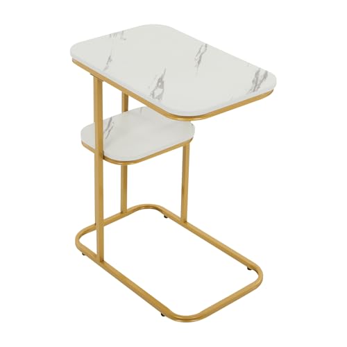 DJOAIUYF C-Form Beistelltisch,C-förmiger Couchtisch, 2-stufiger Sofa-Beistelltisch mit Fußpads,Sofatisch,Nachttisch Side Table Beistelltische Sofa,50 * 30 * 58cm (Gold+Weiß) von DJOAIUYF