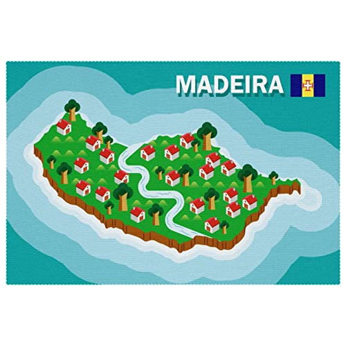 Madeira Map Platzsets, hitzebeständig, waschbar, Oxford-Gewebe, Tischsets, 4 Stück, Heimküchendekoration, leicht zu reinigen von DJSIMFHDNG