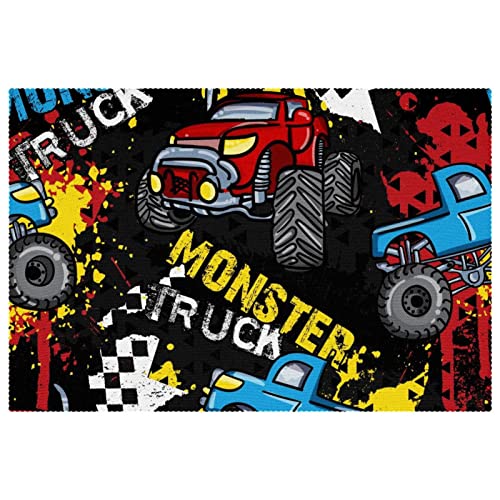 Monster-Truck Auto auf Grunge Platzdeckchen Set von 1 für Esstisch, waschbar, rutschfest, für Weihnachten, Urlaub, Geburtstag, Party von DJSIMFHDNG