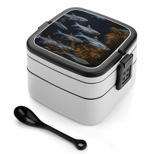 DJUETRUI Bento Box Erwachsene Lunchbox Doppelt Isolierte Boxen Wiederverwendbare Bento-Lunchbox Transparent Fisch Schwimmen Auslaufsichere Lunchbox für Essen Arbeit Picknick von DJUETRUI