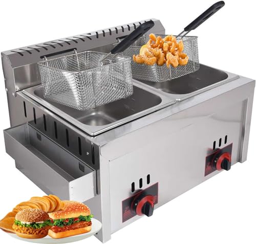 DJXLMN Gas-Fritteuse aus Edelstahl mit großem Fassungsvermögen, 10 l x 2 Stück, für den privaten und gewerblichen Gebrauch, verstellbare Feuerkraft, inklusive Körben und Deckeln, perfekt für Chips, von DJXLMN
