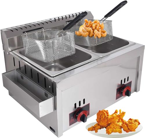 Premium Edelstahl Gasfritteuse - LPG-Fritteuse mit hoher Kapazität für den privaten und gewerblichen Gebrauch - Einstellbare Feuerkraft - Inklusive Körben und Deckel - Perfekt für Chips, Donuts, Fisch von DJXLMN