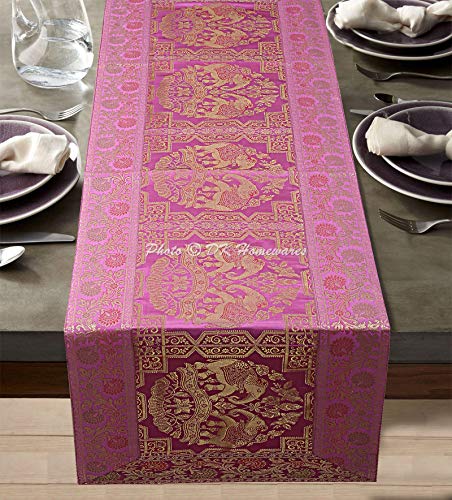 DK Homewares Indisches Traditionelleses Rosa Brokat 60 X 16 Zoll Tischläufer Tischdekoration Jacquard Elefant Blumen- 5 Ft Rechteck ESS-Herzstück (150 X 40 cm/Rosa Gold) von DK Homewares