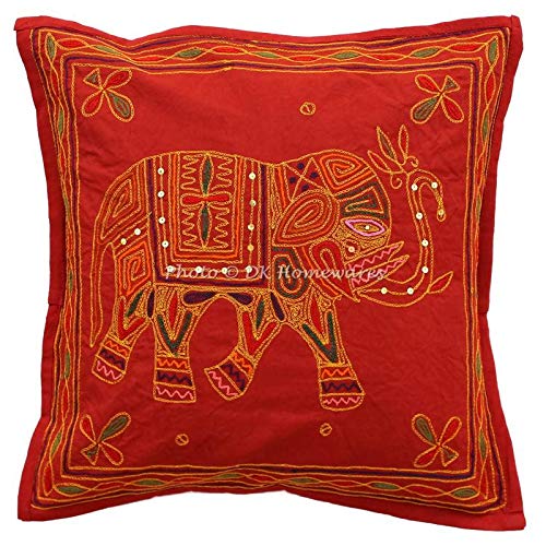 DK Homewares Baumwolle Ethnische Kastanienbraun Lounge Throw Pillow Covers 16 x 16 Goldfaden Bestickt Elephant Square Dekokissen Covers 40x40cm Wohnkultur Einzelstück von DK Homewares