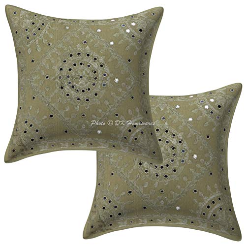 DK Homewares Baumwolle indische böhmische Kissenbezüge 16 x 16 Zoll hellgrün gespiegelt Bestickt Couch Dekokissen Kissenbezüge 40cm x 40cm quadratische Home Decor Sham Kissen (2er Set) von DK Homewares