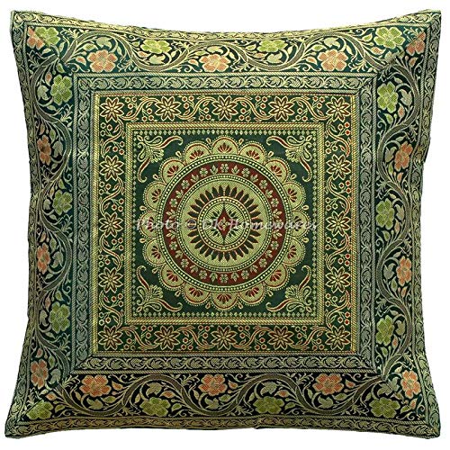 DK Homewares Dekorativ Couch Deko Kissenbezug 40x40 cm Dunkelgrün Brokat Jacquard Weben Kissenbezüge Deko Reißverschluss Mandala Quadrat Kopfkissenbezug - 1 Stück (nur Bezug) von DK Homewares