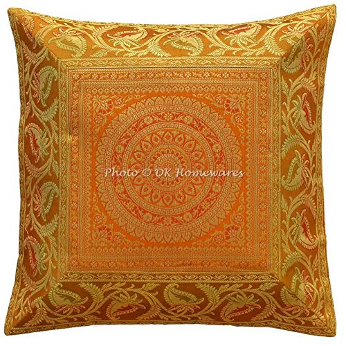 DK Homewares Brokat Indian Gold Schlafzimmer Kissenbezüge 16 x 16 Brokat Jacquard Mandala Floral Square Dekokissen Covers 40x40cm Home Decor Einzelstück von DK Homewares