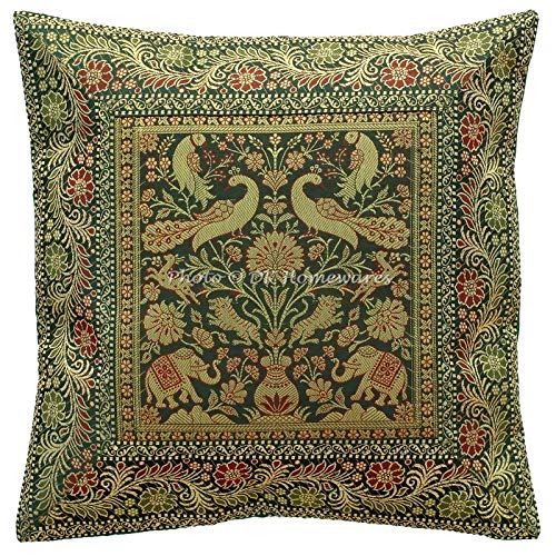 DK Homewares Ethnisch Sofa Kissenhülle 40x40 cm Brokat Dunkelgrün Jacquard Weben Kissenbezüge Couchkissen Reißverschluss Elefant Quadrat Kissenhülle Tiermotiv - 1 Stück (nur Bezug) von DK Homewares