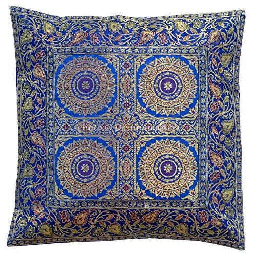 DK Homewares Brokat Indianertinte Blue Lounge Kissenbezüge 16 x 16 Brokat Jacquard Mandala Floral Square Dekokissen Covers 40x40cm Wohnkultur Einzelstück von DK Homewares