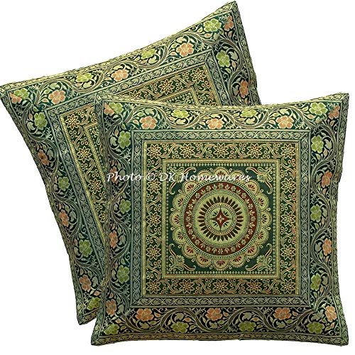 DK Homewares Indisch Couch Zierkissenbezug 40x40 cm Brokat Dunkelgrün Brokat Jacquard Kissenbezüge Couchkissen Reißverschluss Mandala Quadrat Kopfkissenbezüge - 2er-Set (nur Bezug) von DK Homewares