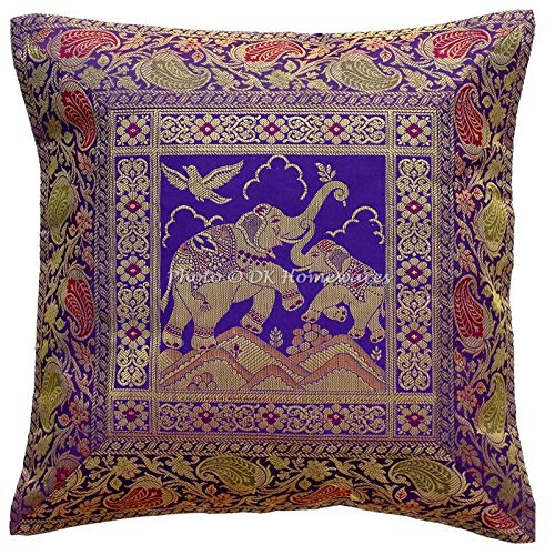 DK Homewares Brokat Indische Purple Couch Kissenbezüge 16 x 16 Brokat Jacquard Elefanten Floral Square Dekokissen Covers 40x40cm Wohnkultur Einzelstück von DK Homewares