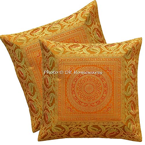 DK Homewares Brokat Traditional Gold Couch Kissenbezüge 40 x 40 cm Brokat Jacquard Mandala Floral Platz Dekokissen Covers 16 x 16 Home Decor Set 2 von DK Homewares