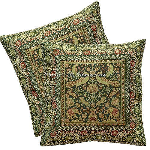 DK Homewares Dekorativ Sofa Zierkissenbezug 40x40 cm Dunkelgrün Brokat Jacquard Kissenbezüge Home Reißverschluss Elefant Quadrat Kissenhülle Tiermotiv - 2er-Set (nur Bezug) von DK Homewares