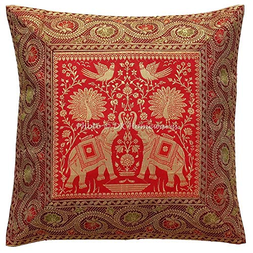 DK Homewares Indisch Couch Kissenbezug 40x40 cm Rost Brokat Jacquard Weben Kissenbezüge Couchkissen Reißverschluss Elefant Quadrat Kissenhülle Tiermotiv - 1 Stück (nur Bezug) von DK Homewares