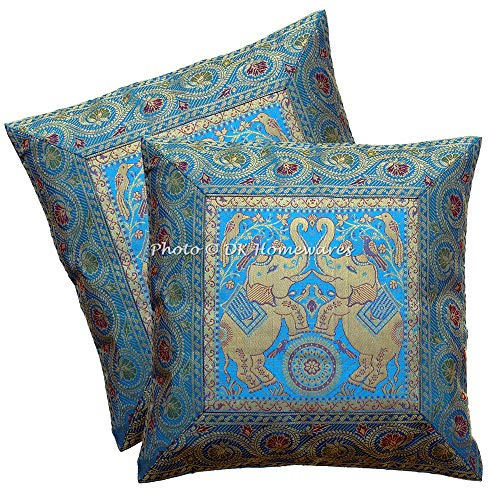DK Homewares Ethnisch Sofa Deko Kissenhüllen 40x40 cm Türkis Brokat Jacquard Kissenbezüge Boho Style Reißverschluss Elefant Quadrat Kissenhülle Tiermotiv - 2er-Set (nur Bezug) von DK Homewares