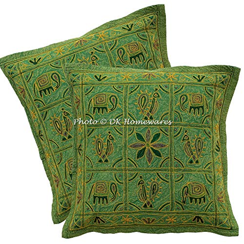 DK Homewares Dekorativ Couch Deko Kissenhüllen 40x40 cm Baumwolle Grün Bestickt Kissenbezüge Couchkissen Wohnkultur Elefant Quadrat Boho Kissen Bezüge - 2er-Set (nur Bezug) von DK Homewares