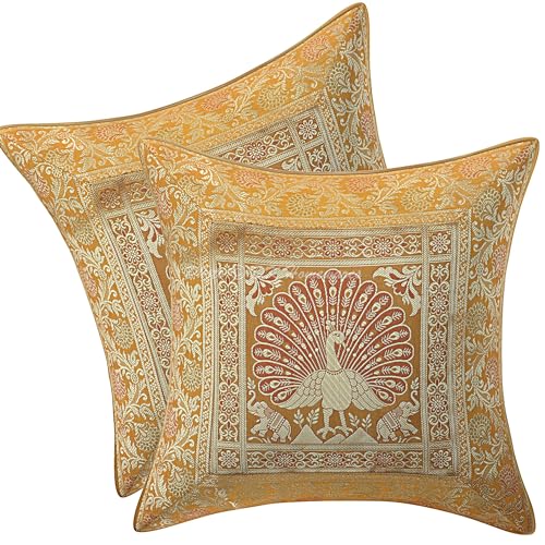 DK Homewares Dekorativ Couch Dekokissenbezüge 40x40 cm Brokat Senfgelb Jacquard Weben Kissenbezüge Indisch Reißverschluss Pfau Quadrat Kissenhülle Tiermotiv - 2er-Set (nur Bezug) von DK Homewares