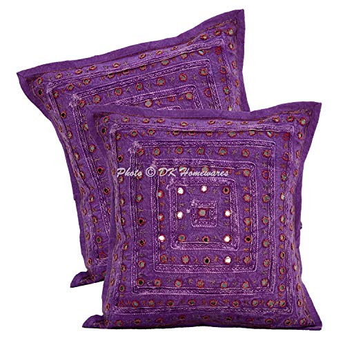 DK Homewares Dekorativ Couch Zierkissenbezüge 40x40 cm Lila Baumwolle Gespiegelt Bestickt Kissenbezüge Dekokissen Spitze Geometrisch Quadrat Deko Kissen Bezüge - 2er-Set (nur Bezug) von DK Homewares