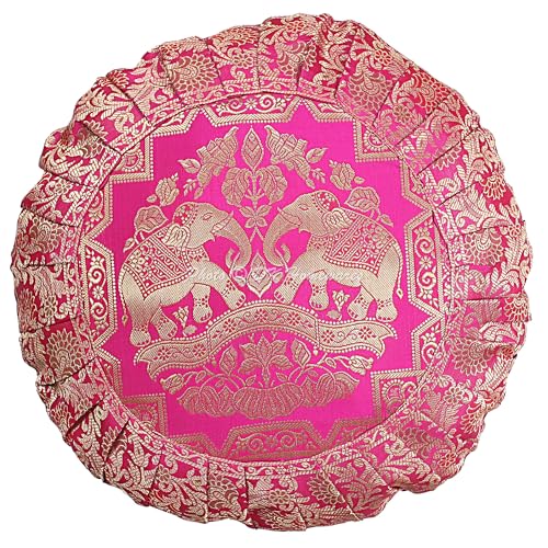 DK Homewares Dekorativ Sofa Deko Kissenbezug 43x43 cm Rosa Brokat Jacquard Weben Kissenbezüge Home Plissierter Rand Elefant Bohemien Runden Zierkissenhülle - 1 Stück (nur Bezug) von DK Homewares