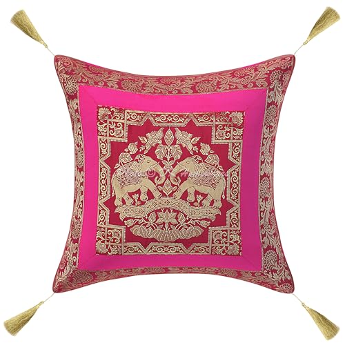 DK Homewares Dekorativ Sofa Deko Kissenbezug 45x45 cm Magenta Pink Brokat Jacquard Weben Kissenbezüge Dekokissen Quasten Elefant Quadrat Kissenhülle Tiermotiv - 1 Stück (nur Bezug) von DK Homewares