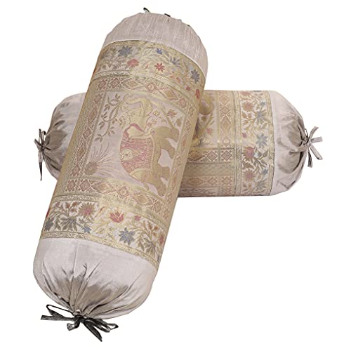 DK Homewares Ethnic Brocade Polydupion Seide Zylinder Diwan Kissenbezüge Grey Elephant 76x38 cm Jacquard Weave Home Decor Schlauchkissenbezüge - (2er-Set) von DK Homewares