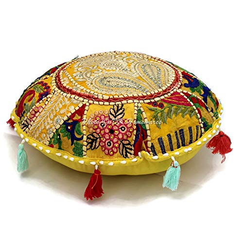 DK Homewares Ethnisch Baumwolle Bodenkissen bodenkissen bezug abnehmbar 45x45 Bohemien Gelb Patchwork Gestickt Wohnkultur Rund Jahrgang Sitzkissen Rund - 18x18 Inch von DK Homewares