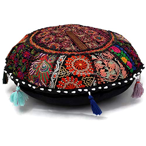 DK Homewares Ethnisch Baumwolle bodenkissen bezug abnehmbar 45x45 Runde Sitzkissen Bohemian Schwarz Patchwork Gestickt Wohnkultur Rund Vintage Orientalische Sitzkissen - 18x18 Inch von DK Homewares