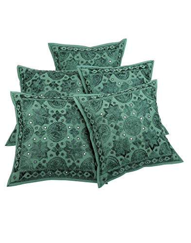 DK Homewares Ethnisch Couch Kissen Bezüge 40x40 cm Dunkelgrün Baumwolle Gespiegelt Kissenbezüge Boho Style Schlafzimmer Bestickt Quadrat Kissenbezüge - 5er-Set (nur Bezug) von DK Homewares