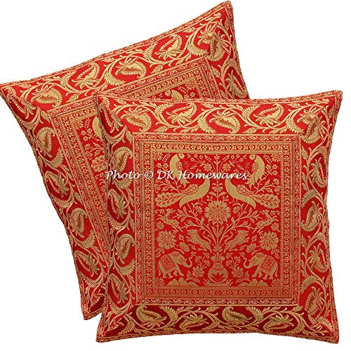 DK Homewares Ethnisch Couch Kissenbezüge 40x40 cm Brokat Kastanienbraun Brokat Jacquard Kissenbezüge Deko Reißverschluss Pfau Quadrat Zierkissenbezüge - 2er-Set (nur Bezug) von DK Homewares