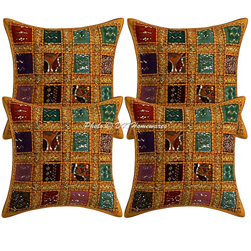 DK Homewares Ethnisch Couch Kissenbezüge 40x40 cm Mangogelb Baumwolle Patchwork Kissenbezüge Home Gestickte Pailletten Geometrisch Quadrat Kissenbezüge - 4er-Set (nur Bezug) von DK Homewares