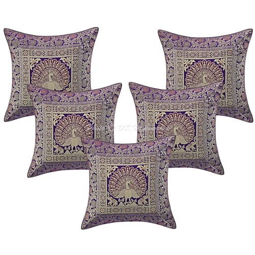 DK Homewares Ethnisch Couch Kopfkissenbezüge 40x40 cm Brokat Lila Jacquard Weben Kissenbezüge Indisch Reißverschluss Pfau Quadrat Kissenhülle Tiermotiv - 5er-Set (nur Bezug) von DK Homewares