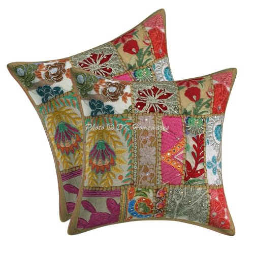DK Homewares Ethnisch Sofa Deko Kissen Bezüge 30x30 cm Baumwolle Khaki Vintage Patchwork Klein Kissenbezüge Home Schlafzimmer Abstrakt Quadrat Deko Kissen Bezüge - 2er-Set (nur Bezug) von DK Homewares